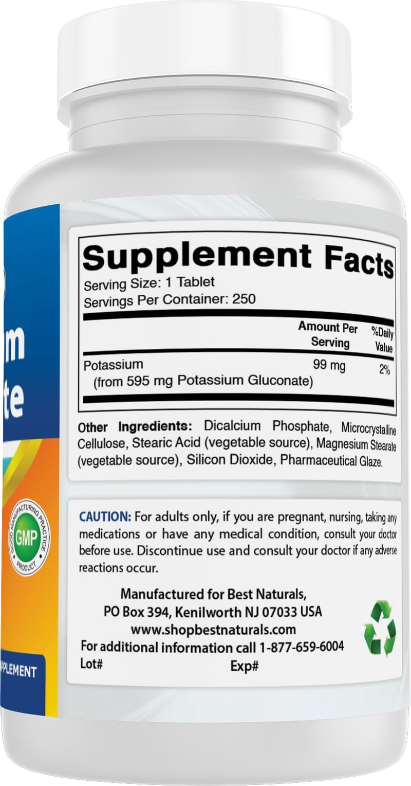 Best Naturals Potassium Gluconate 595 Mg 250 Tablets (250 Count (Pack of 2)) image number 4