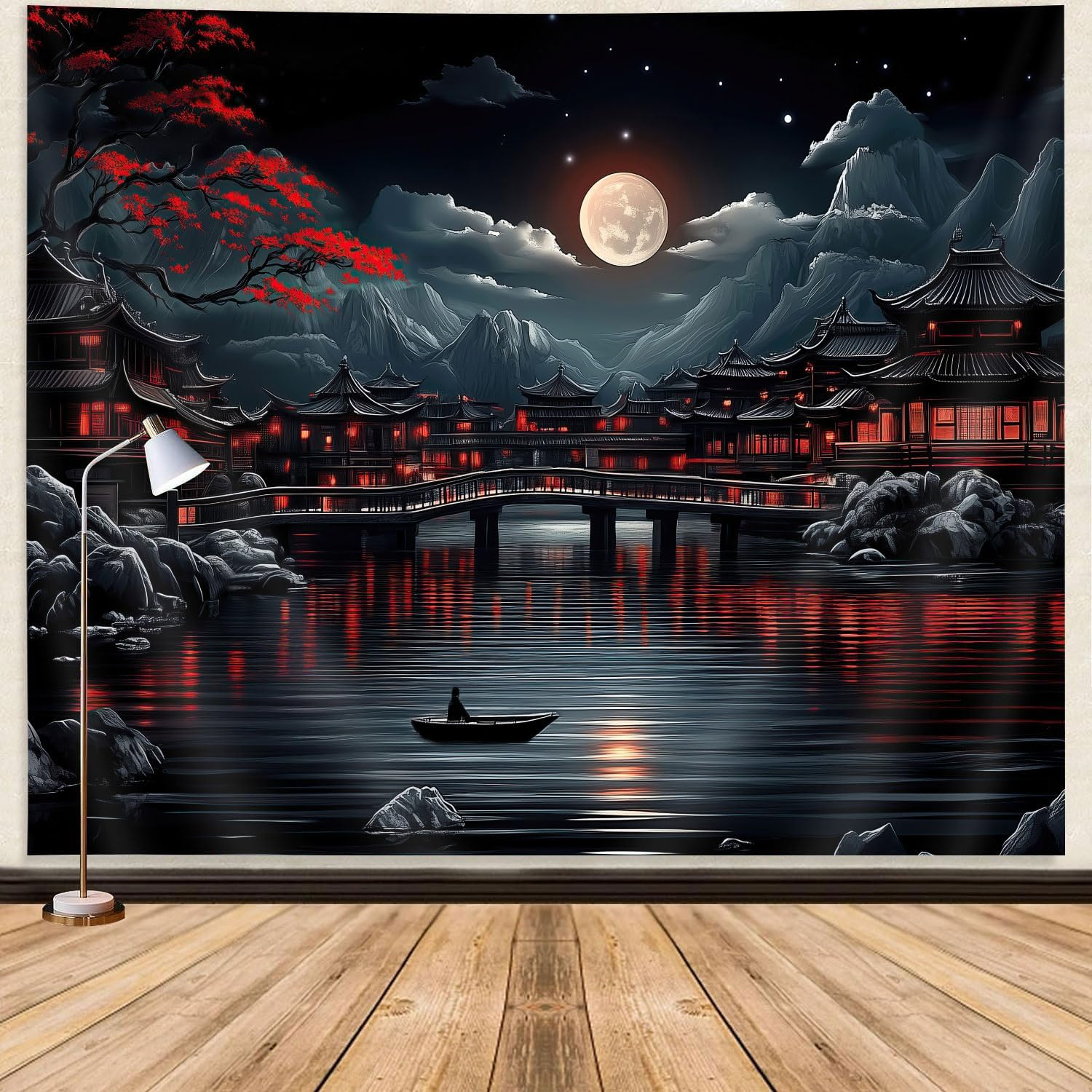 GOAOK Japanese Anime Tapestry, Cool Red and Black Dark Nature Mountain Riverside Full Moon Landscape Aesthetic Tapestry for Men, Asia Japanese Art Tapestries for Bedroom Living Room College, 60"X40"