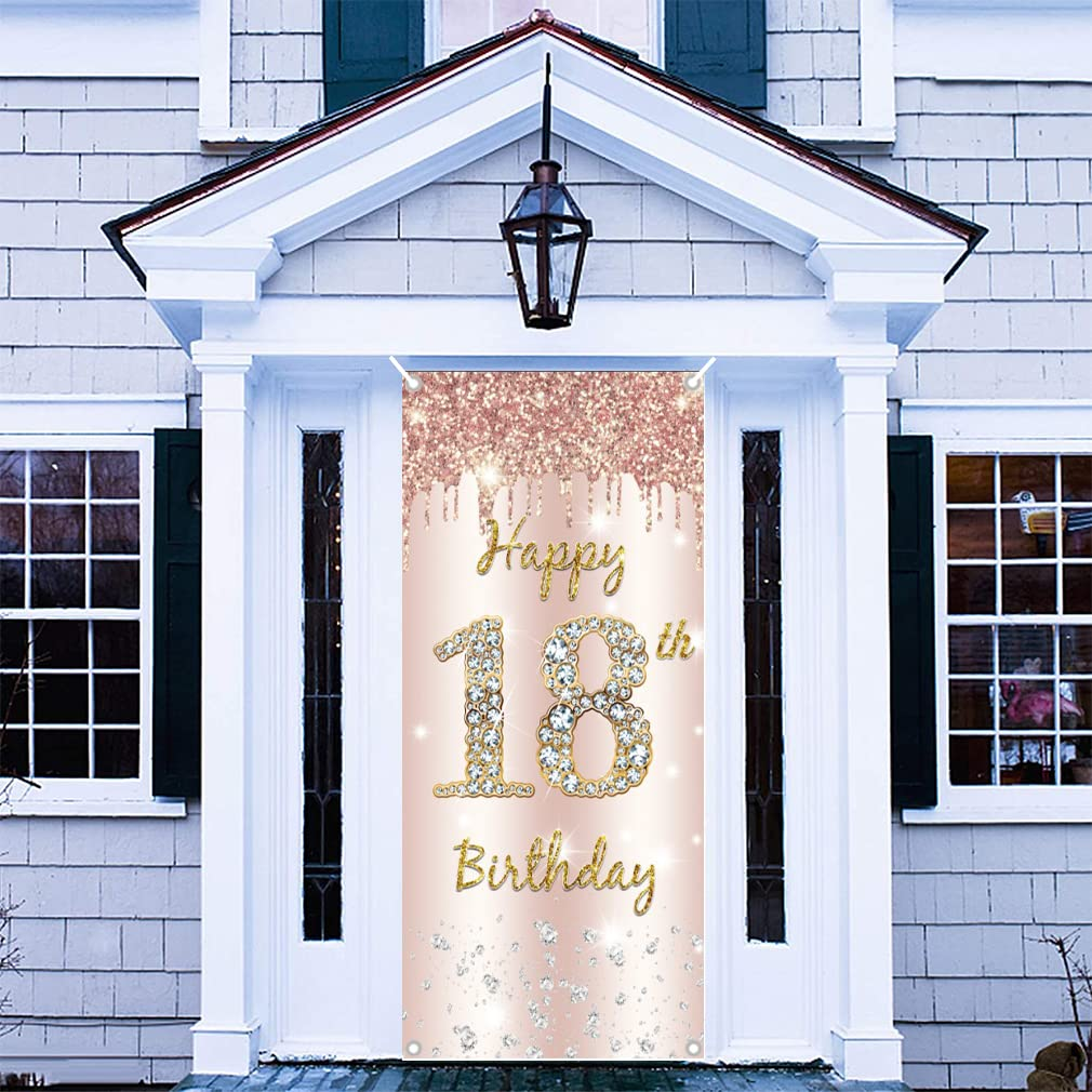 18Th Birthday Decorations for Girls, Happy 18Th Birthda Y Backdrop Banner Rosegold Fabric Sign Poster, Girl 18 Birth Day Door Banner Party Welcome Sign image number 1