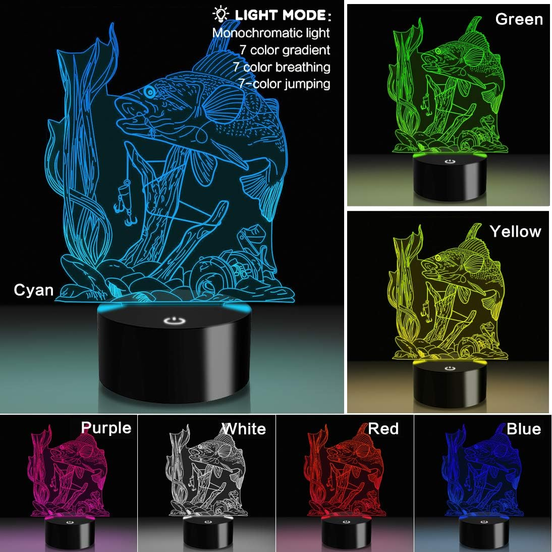 3D Fishing Lamp Illusion Night Light LED Touch Fish Desk Table Lamps 7 Color Change USB 3D Visual Lights Home Bedroom Decor Lighting Birthday Gifts Toys for Boys Kids Fishing Lover by YKL World - Fishing image number 6