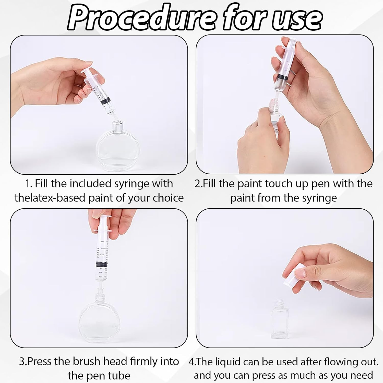 Touch up Paint Pen, 4 Pcs Paint Pens with Brush Tips and 4 Syringe Dispensers, Precision Paint Applicator for Walls, Furniture, Cabinets, Wood Floors, Window Frames