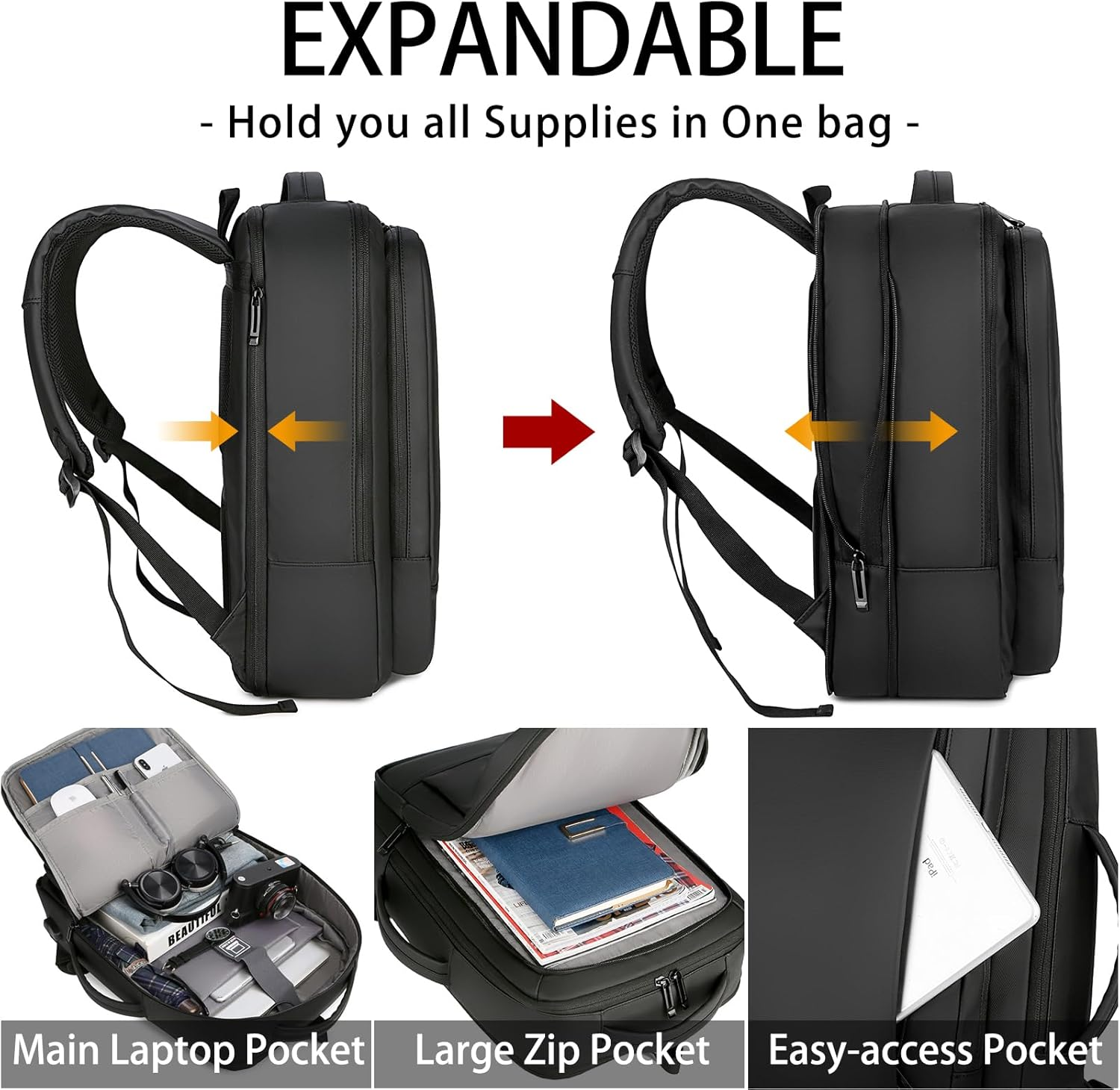 Travel Laptop Backpack 15.6 Inch Expandable Large Backpacks for Men Women Waterproof Business College Computer Bag with USB Charging Port,Black image number 1