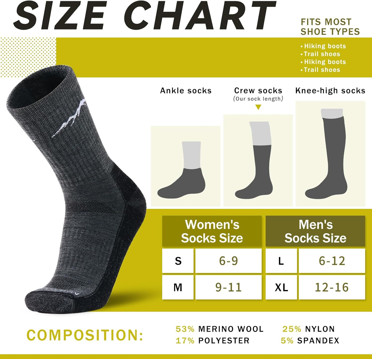 Merino Protect Merino Wool Socks for Men Warm Soft Hiking Socks Odor Resistant Crew Socks Hiking Hunting Cycling image number 6