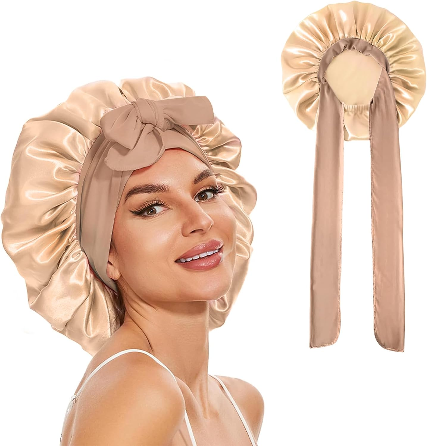 JZS Silk Bonnet for Sleeping Women Satin Double Layer Lined Hair Bonnet with Tie Band Curly Hair