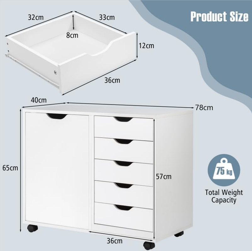 Giantex 5-Drawer Mobile Side Cabinet with Wheels, Lateral Filing Organizer, Drawer Chest with Door, Modern Storage Cabinet Printer Stand W/Large Tabletop for Home Office (White) image number 5