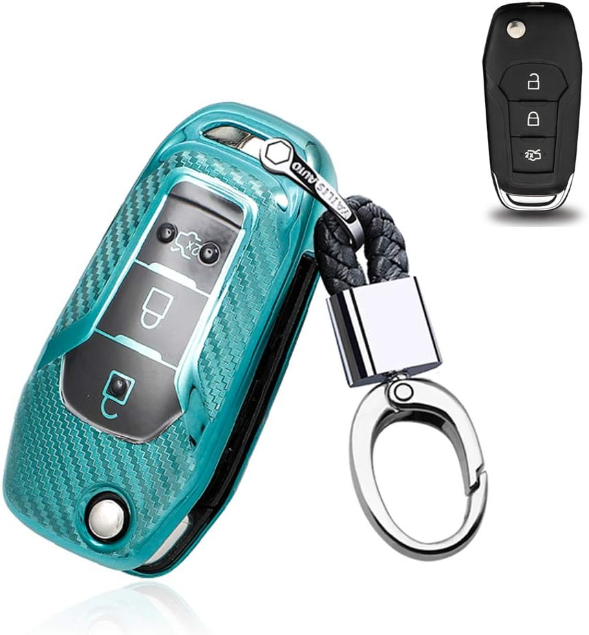 Ontto Silicone Car Key Fob Cover Keyring for Ford F150 F250 Focus 3 Escort Kuga Mondeo Fiesta Mustang Fecosport Edge Fusion 2016 Ranger S-Max Accessories Flip Key Case Key Shell Key Holder Blue