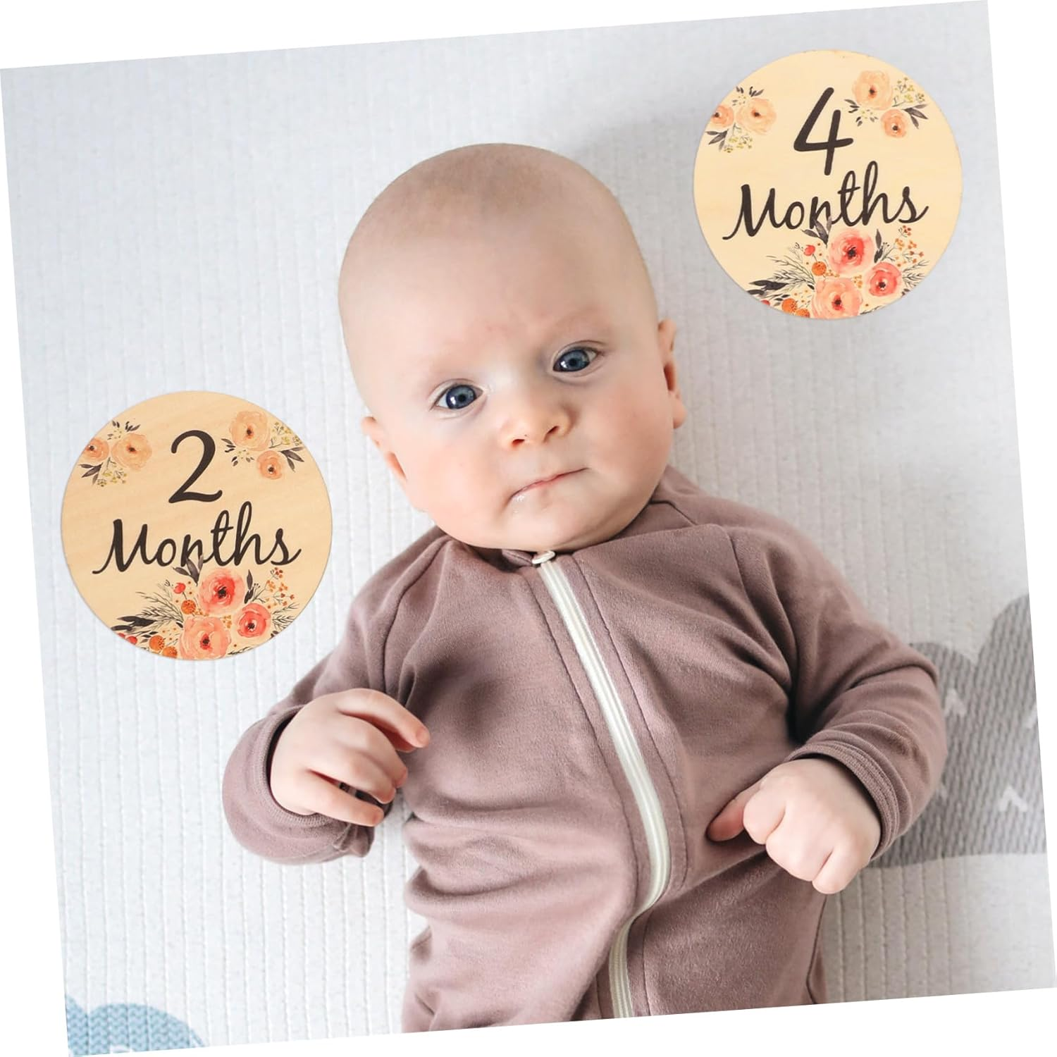 VANZACK 6 Pcs Wooden Monthly Milestone Cards Double Sided Flower Pattern Photo Props Newborn Growth Sign for Photography and Keepsake image number 3