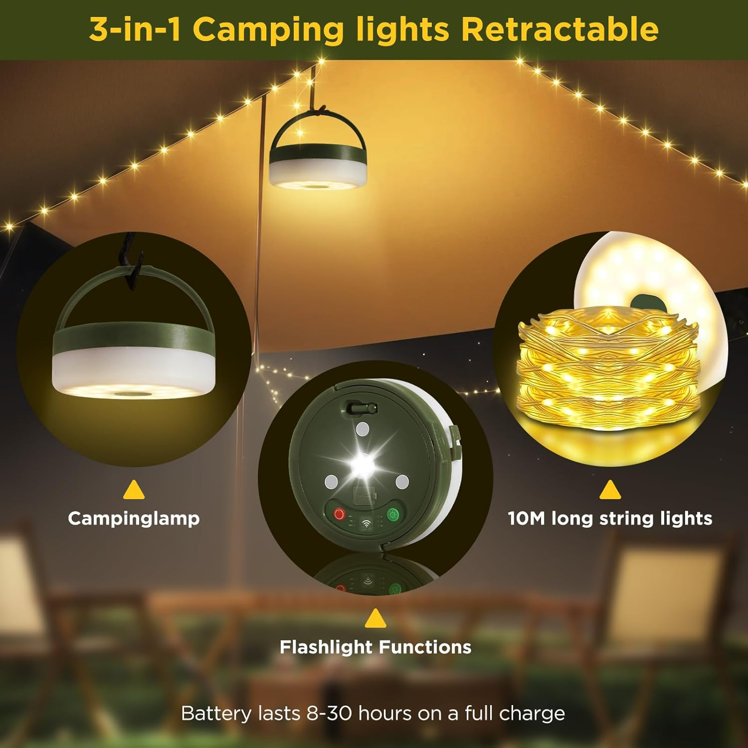 Camping String Lights, 10M Outdoor String Lights with Remote, USB Rechargeable Portable Camping Lights with 8 Lighting Modes for Garden Party Decorations Outdoor image number 3