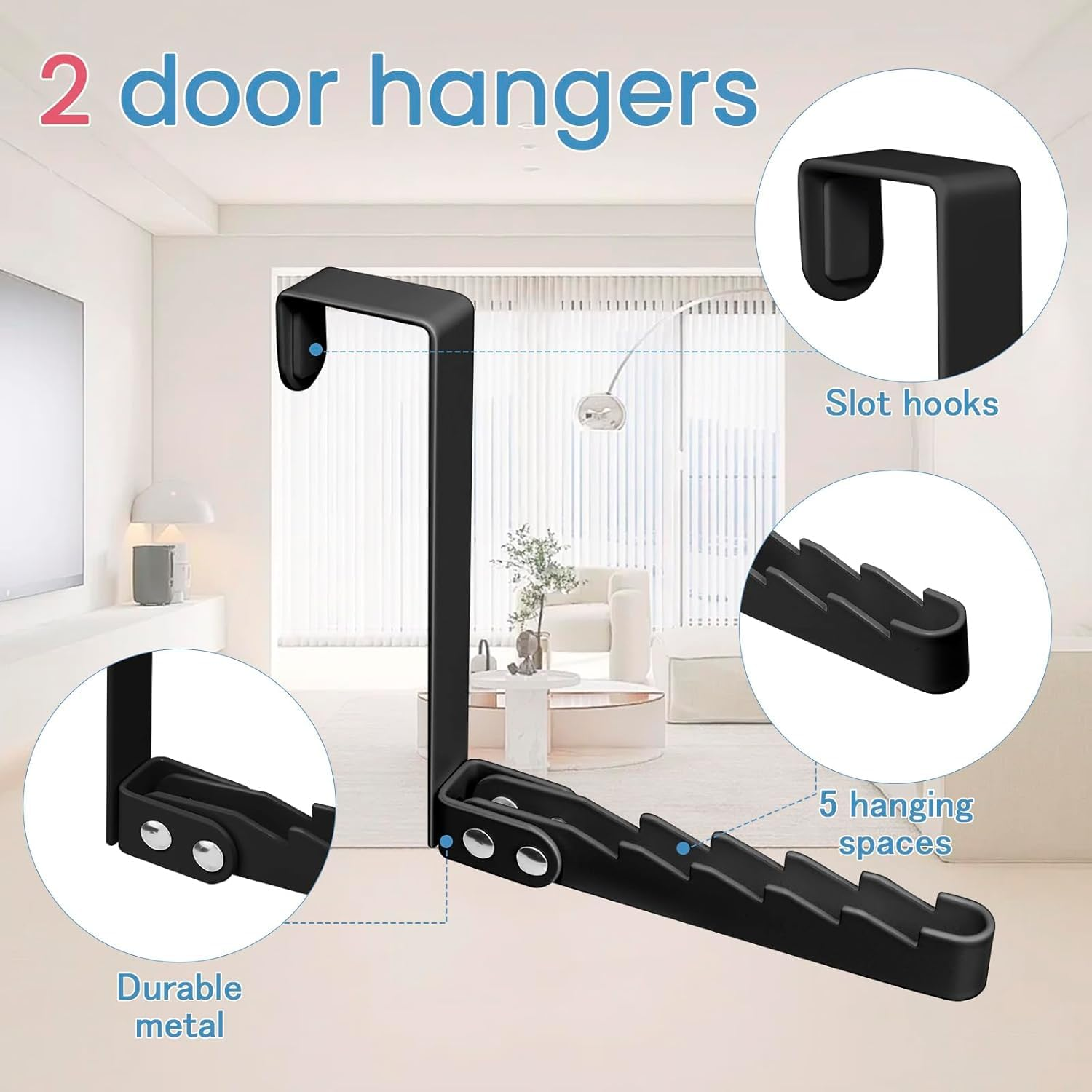 2PCS over the Door Hook，Door Hooks Foldable over Door Hanger for Hanging Clothes，Door Hanger with 5 Groves, over Door Hook for Coats, Pants, Bags, Hats, Scarves (White, Black) ﻿