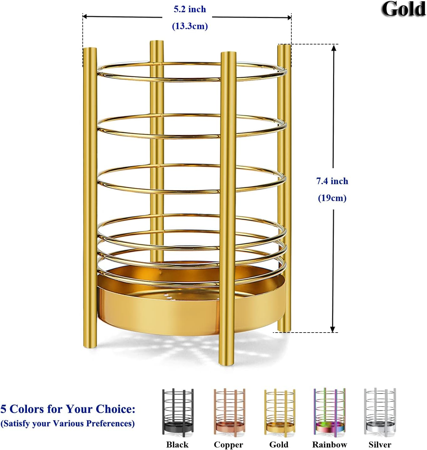 Gold Kitchen Utensil Holder for Kitchen Counter, Stainless Steel Utensil Crocks, Gold Titanium Coating Utensil Storage Caddy Organizer, Cooking Utensil Holder, Easy Cleaning (Gold/7.4''X5.2'') - 2. Black image number 3