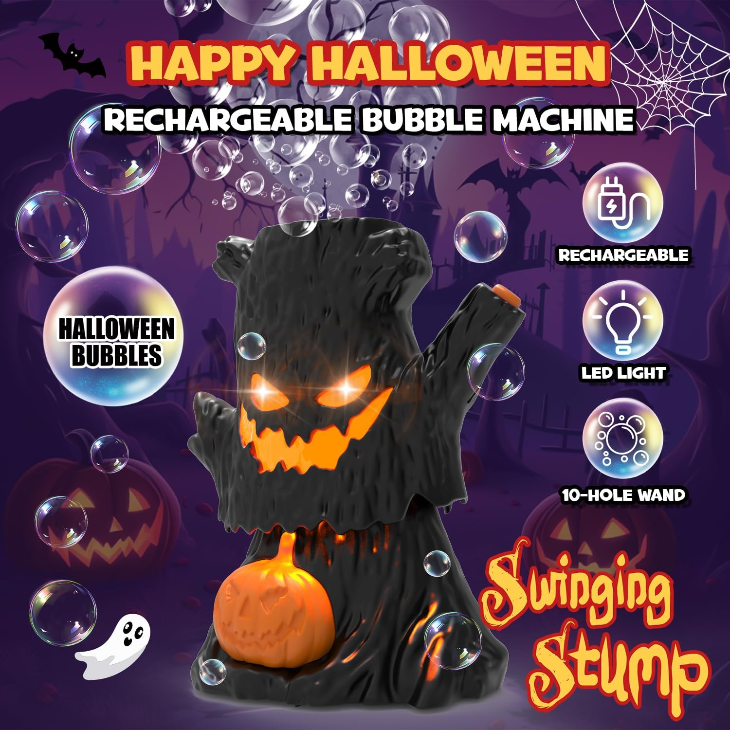 Halloween Bubble Machine, Haunted Stump Bubble Blower, USB Rechargeable, Wobbly Head Fun, Glow Eyes - Halloween Decorations Tree Toys Gifts for Kids, Boys, Girls