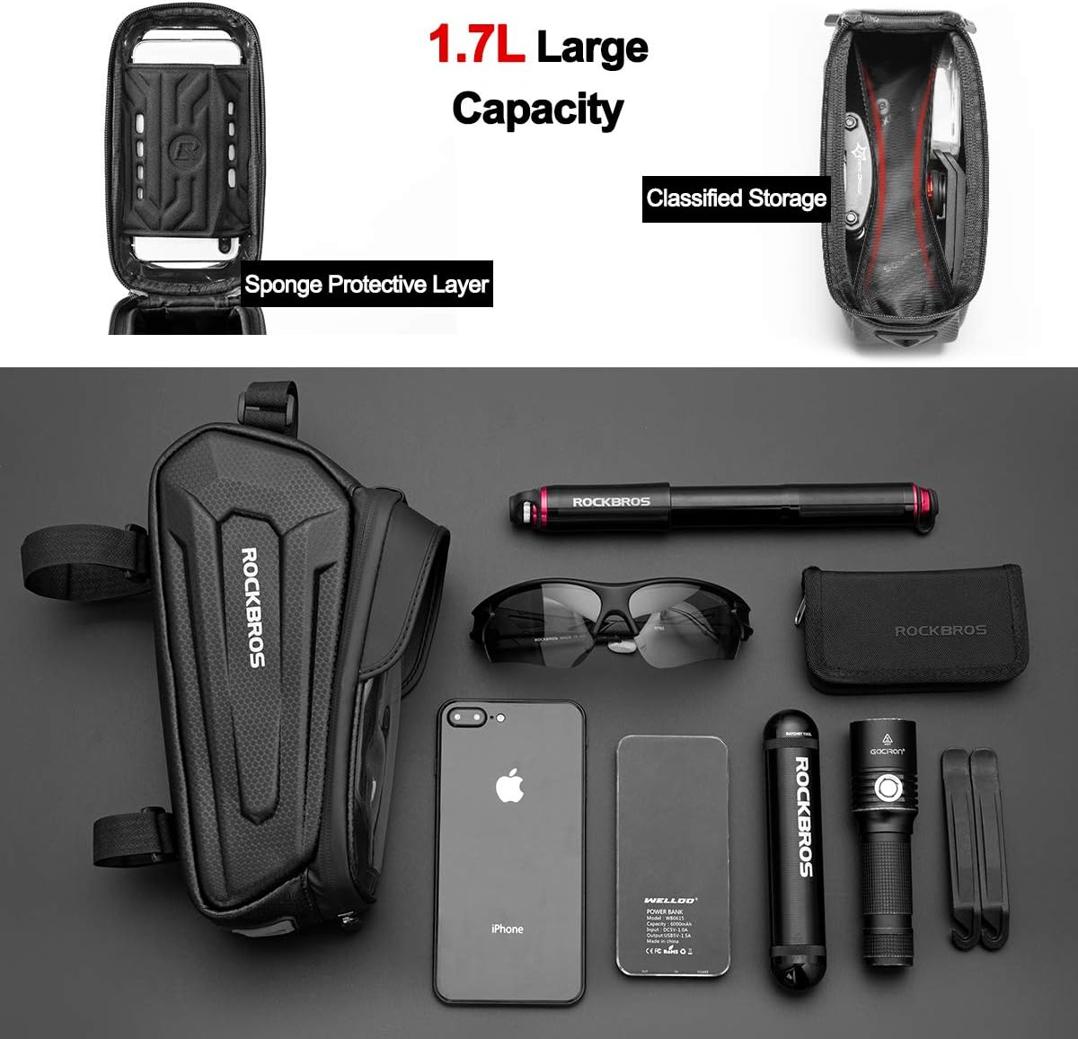 ROCKBROS Bike Phone Bag Bicycle Front Frame Bag Waterproof Top Tube Handlebar Bag Bike Phone Mount Bag EVA Cycling Accessories Pouch for Iphone 13 12 11 below 6.8&rdquo;