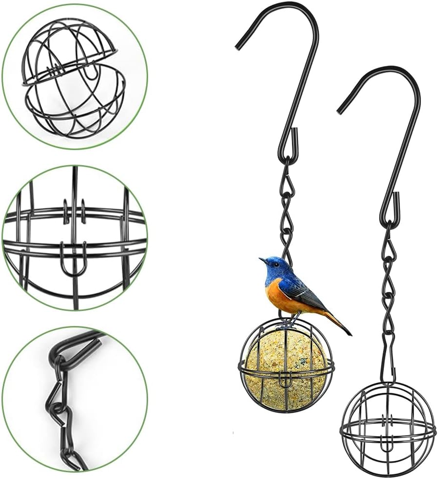 4Pcs Fat Ball Bird Feeders, Hanging Metal Bird Holder with S-Shaped Hooks for Outdoor Garden Wildlife Birds Finch Sparrow Robin