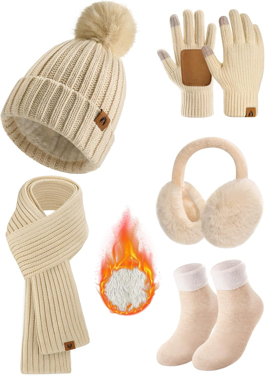 Scarf Gloves Set for Women with Ear Warmers Winter Warm Beanie Hat Scarf Gloves Set Touchscreen Gloves Socks image number 3