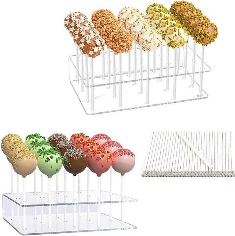 FOTOEVFC Acrylic Cake Pop Stand Holder, 20 Hole Display Stand with 100Pcs Lollipop Paper Sticks, Double Layer Design, Transparent image number 3