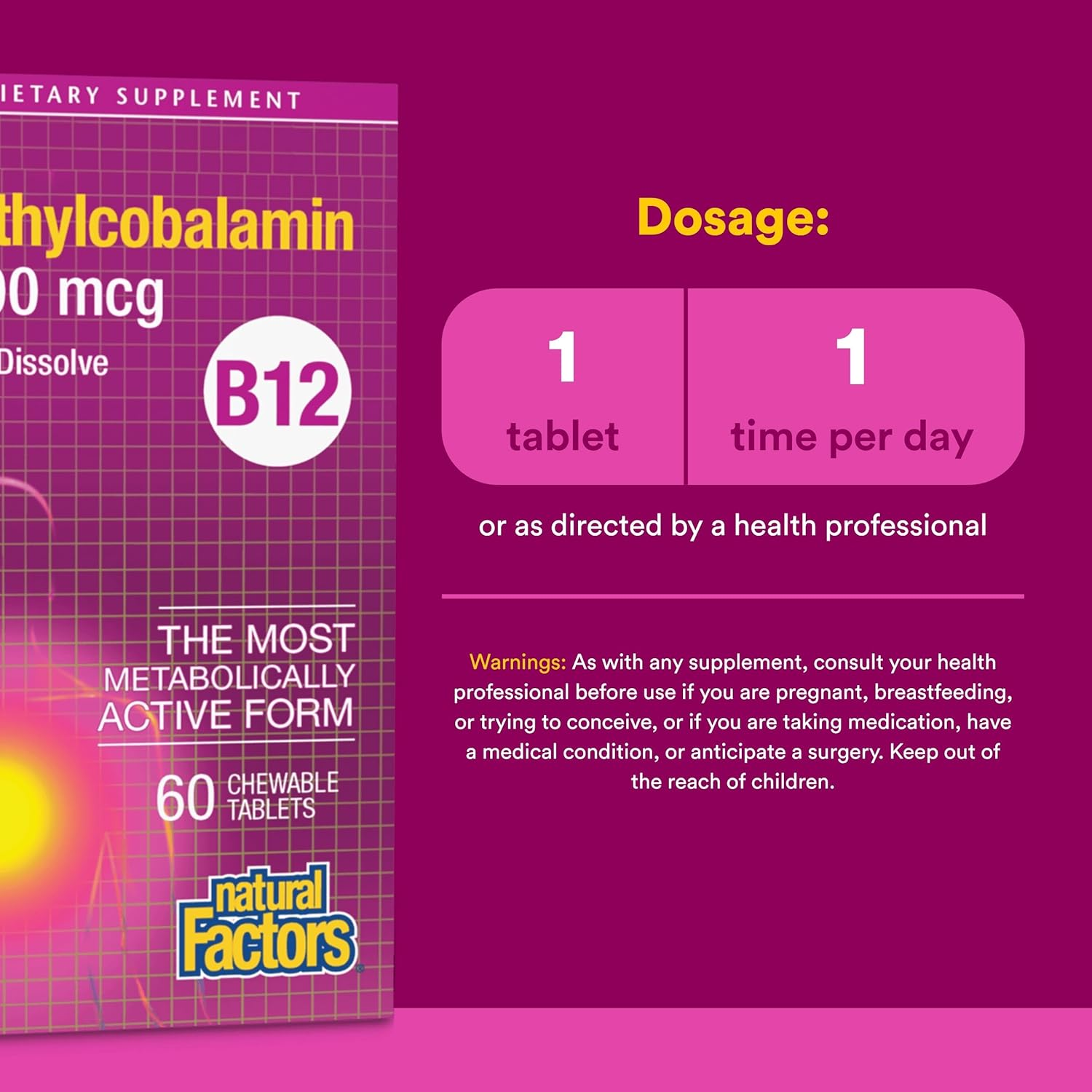 Natural Factors - Vitamin B12 Methylcobalamin 5000Mcg, Support for Nerve Function, Energy Production & Red Blood Cells, 60 Chewable Tablets