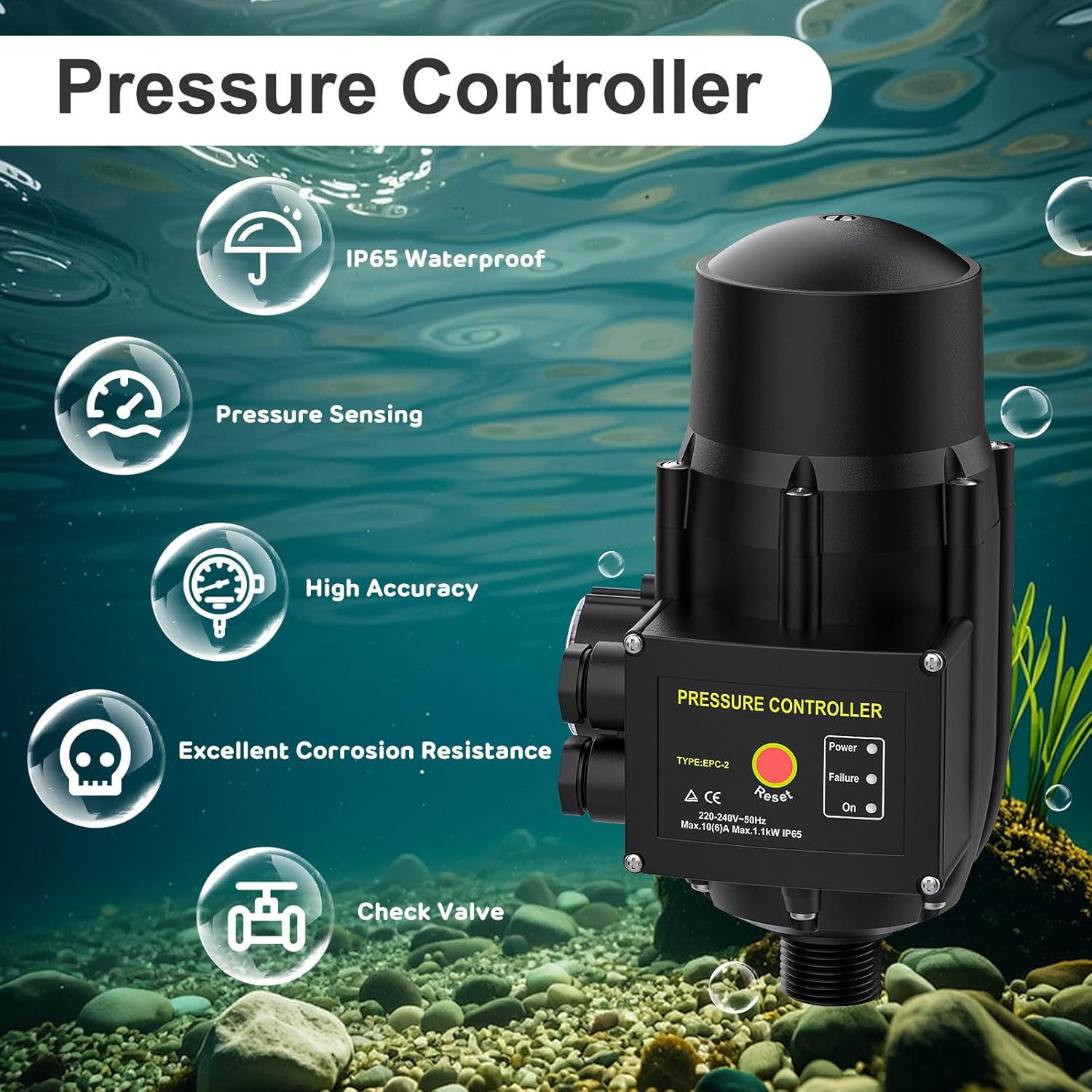 Advwin Switch Controller, Automatic Water Pump Controller 1.5-10Bar, IP65 Waterproof, Water Flow Sensor, for Self-Priming Pump Garden Pump