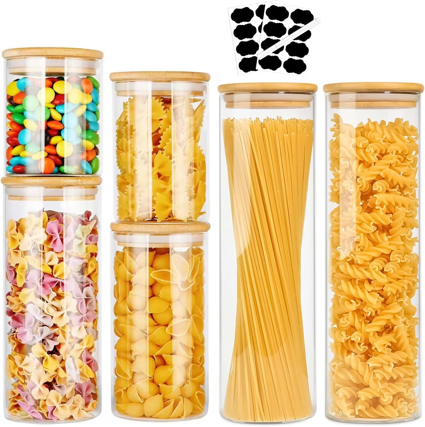 6 Pack Glass Food Storage Jars, Yakiter Food Containers with Bamboo Lids for Pasta, Cookies, Nuts, Coffee Beans, Cereal, Kitchen Canisters, Pantry Organization(15Oz+19Oz+22Oz+26Oz+40Oz*2) image number 4