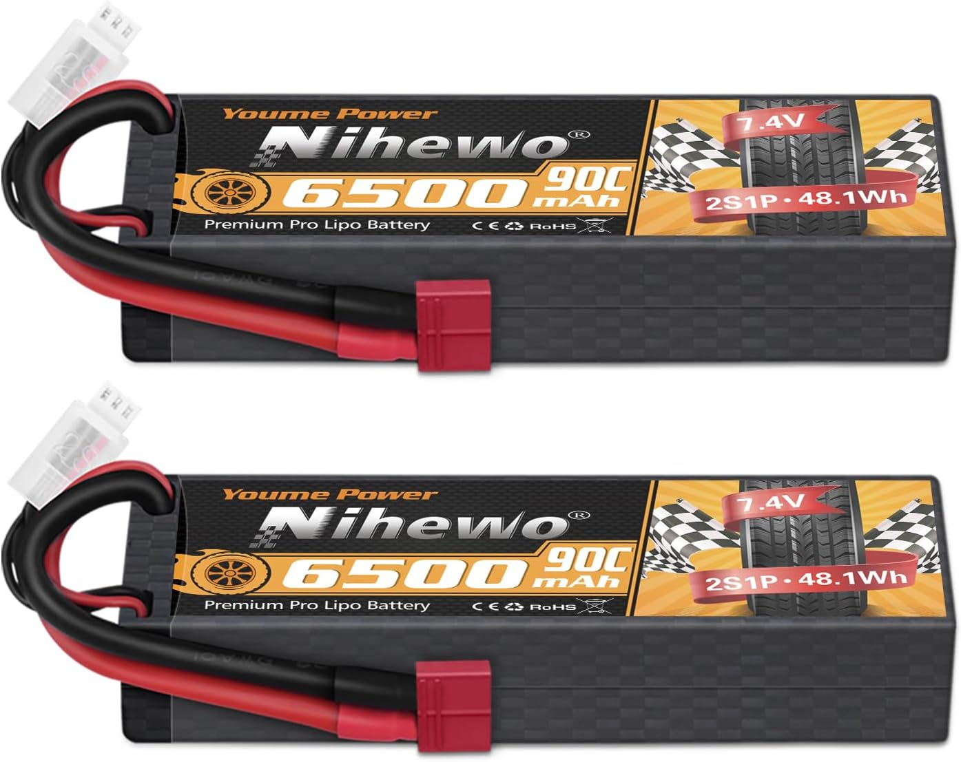 2S Lipo Battery 2Packs 7.4V RC Lipo Battery Pack 6500Mah 90C Hard Case with Deans T Plug Compatible with 1/8 and 1/10 RC Truck Vehicles Car Truggy Buggy Racing Models image number 3