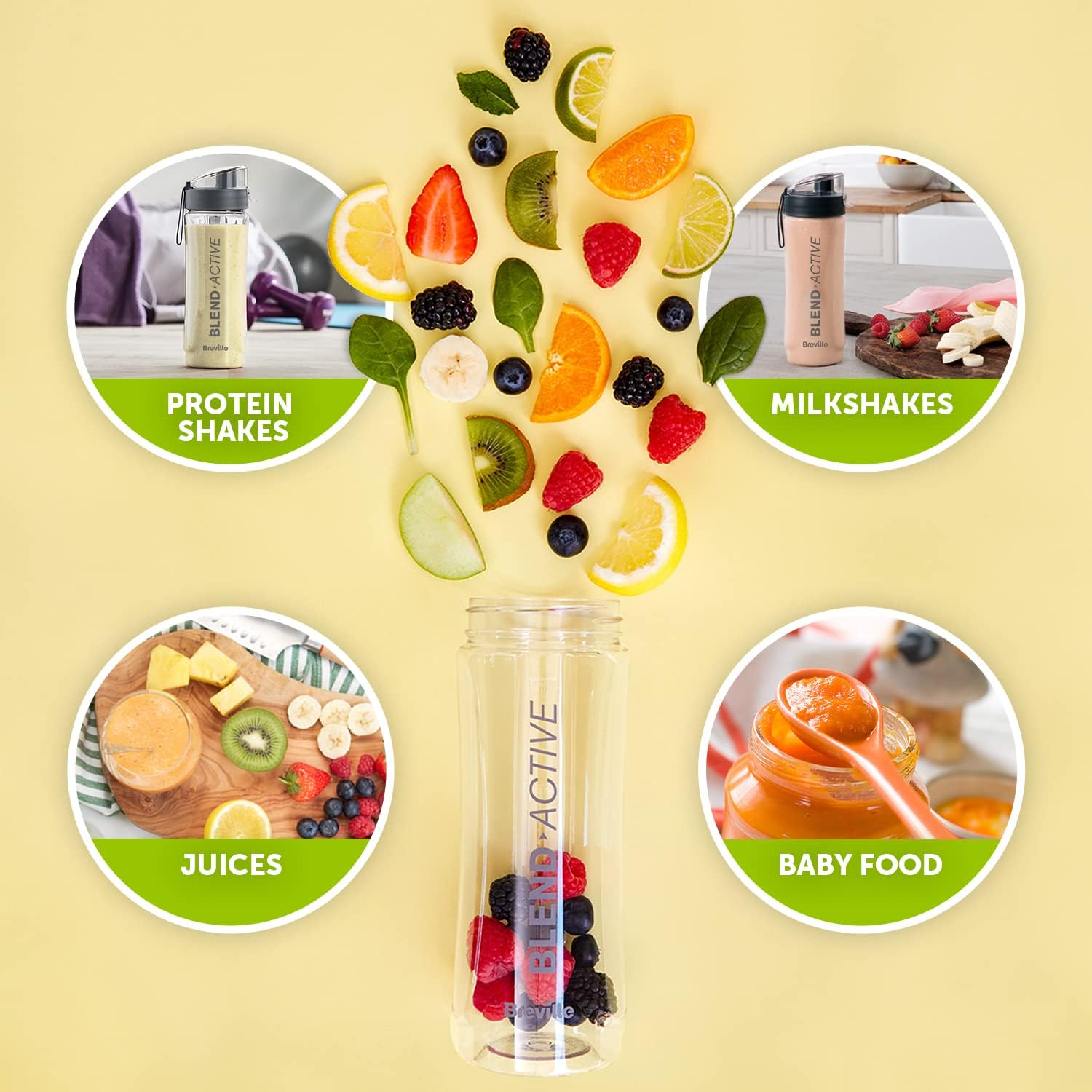 Breville Blend Active Personal Blender & Smoothie Maker | 350W | Family Pack | 4 Portable Blend Active Bottles (300Ml | 600Ml) | Leak Proof Lids | White & Green [VBL252] image number 3