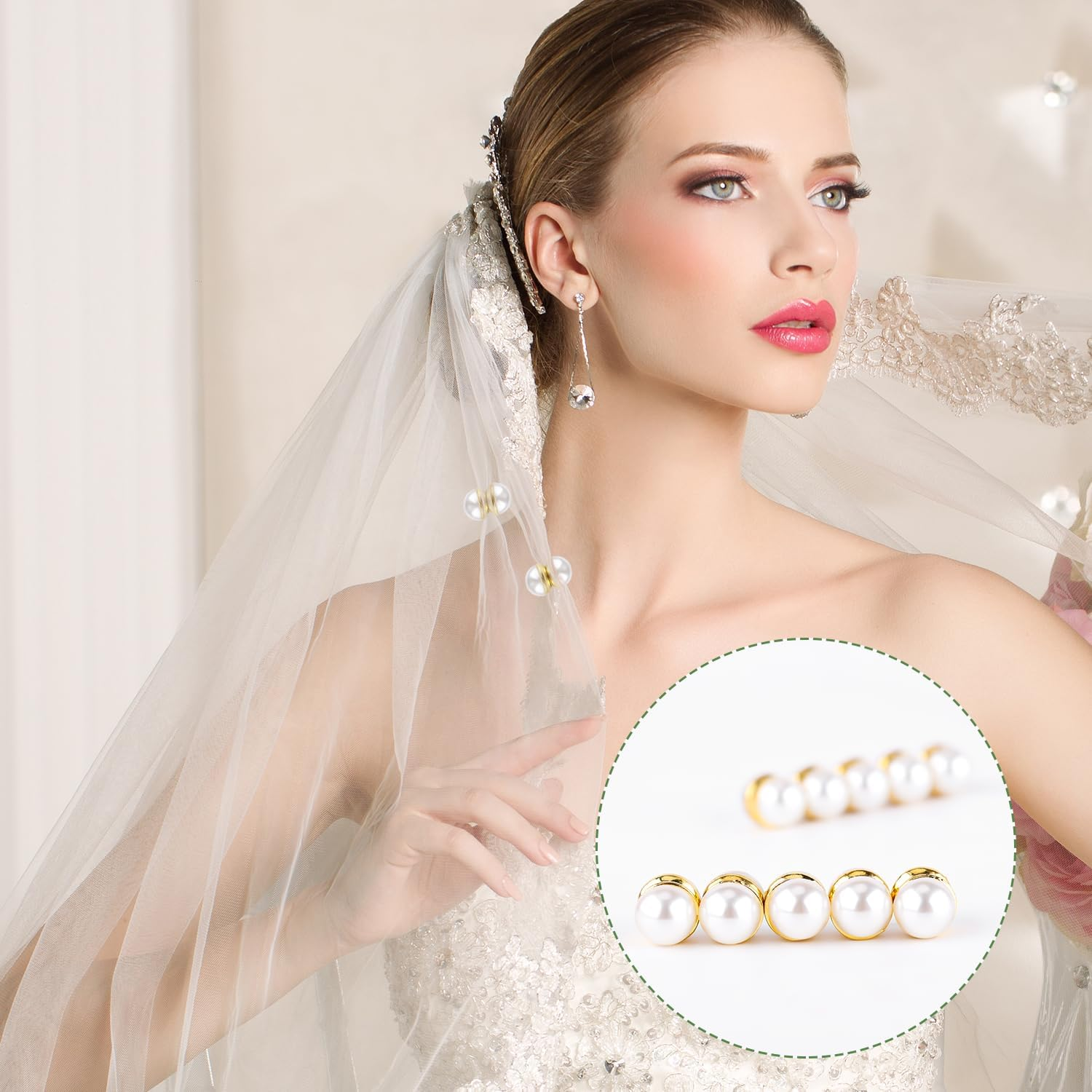 10Pcs Veil Weights Strong Hijab Magnets Pearl Pins Magnetic Hijab Pins for Clothes Scarves Niqab, Pearl Veil Beautiful Wedding Double Sided Hijab Magnets for Women Girls, White, Gold image number 2