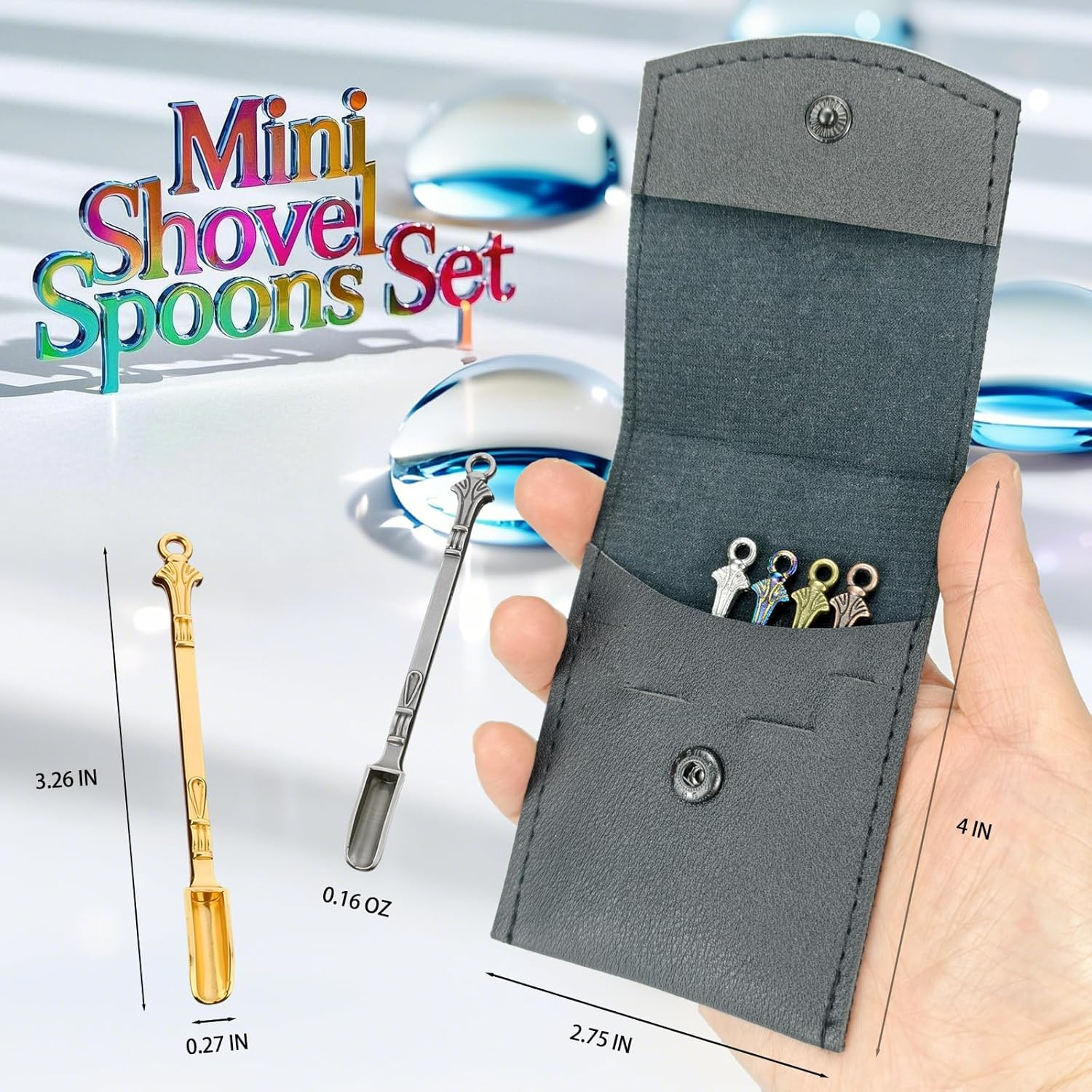 6-Pack Mini Spoons with Storage Pouch, Small Spoons for Medicine Spice, Multicolor Tiny Spoon for Decorative Pendants Keychains, Little Metal Measuring Shovel Spoon