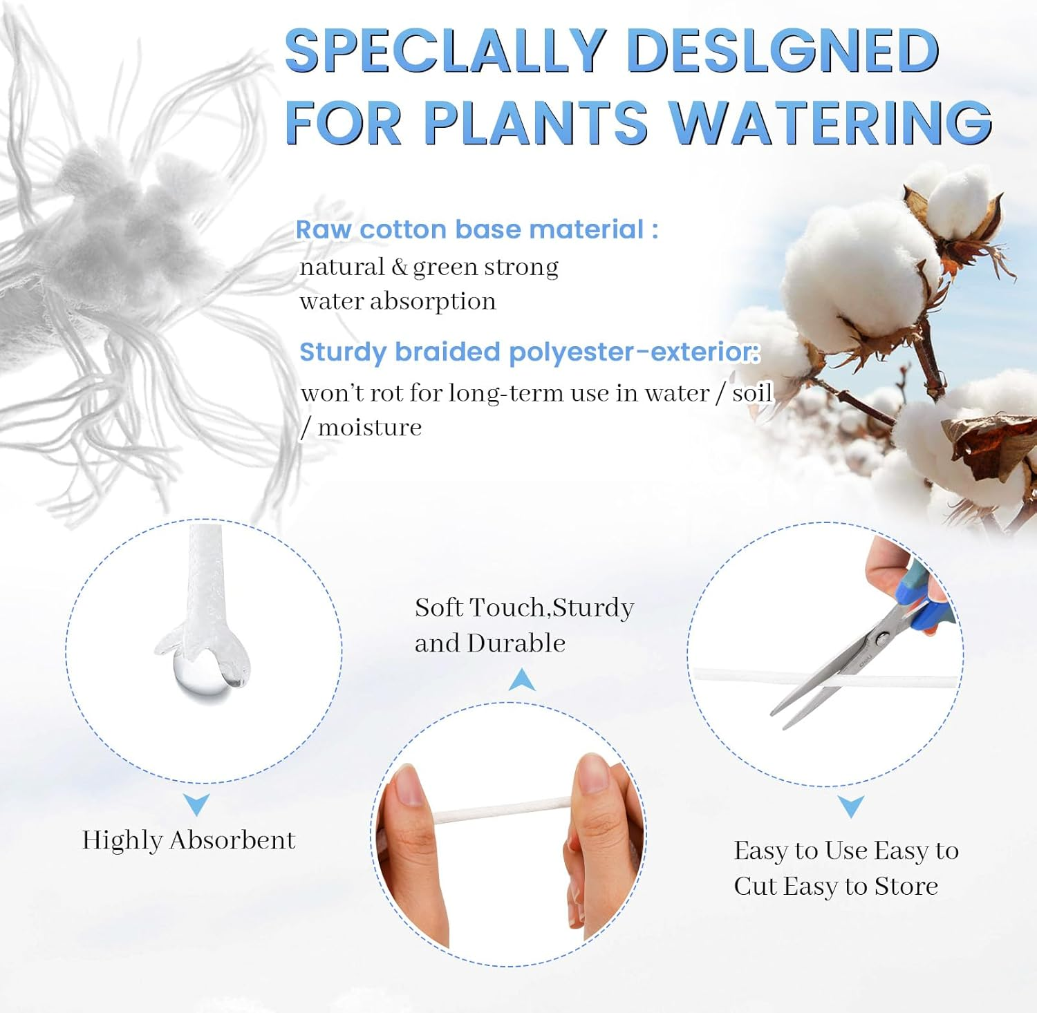 130 Feet Self Watering Wick Cord for Plants, 4Mm Self Watering Planter Insert, Self Watering Cotton Rope Plant Water for Vocation, Automatic Plant Water Indoor (130 Feet) image number 1