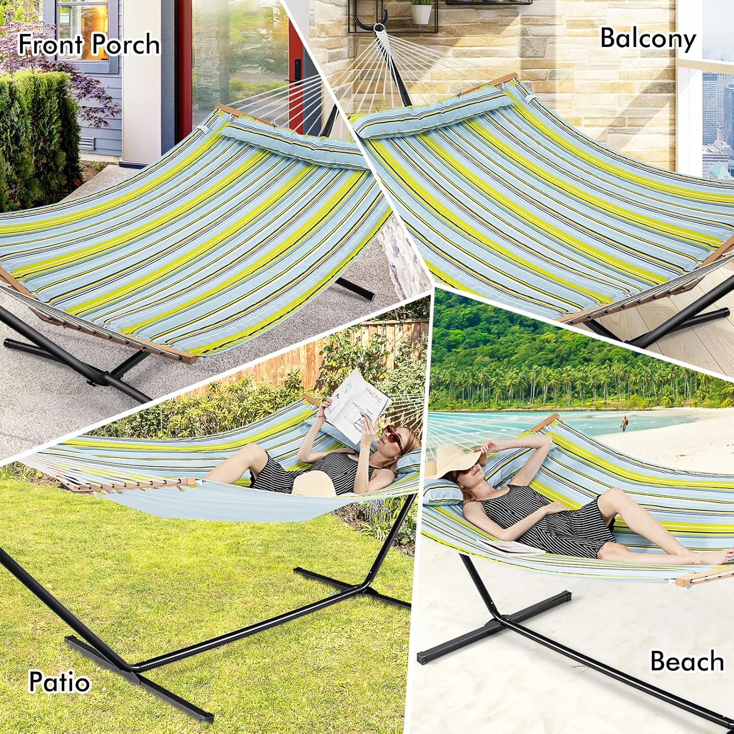 Costway Portable Hammock W/Spreader Bars & Detachable Pillow, Quick Dry & Water Proof Material, Hand Woven Cotton Rope, Outdoor Indoor Hammock for Patio, Poolside, Garden, Backyard image number 5