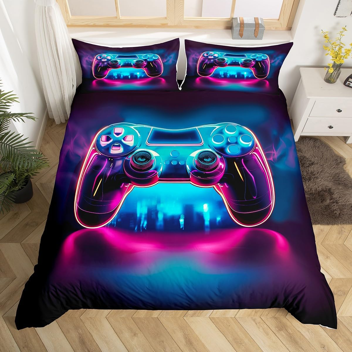 Loussiesd Kids Gamer Honeycomb Duvet Cover Set Single Size for Boys Girls Teens Gaming Geometric Bedding Set Blue Green Neon Gamepad Comforter Cover with 1 Pillowcase Game Room Decor Beds Set