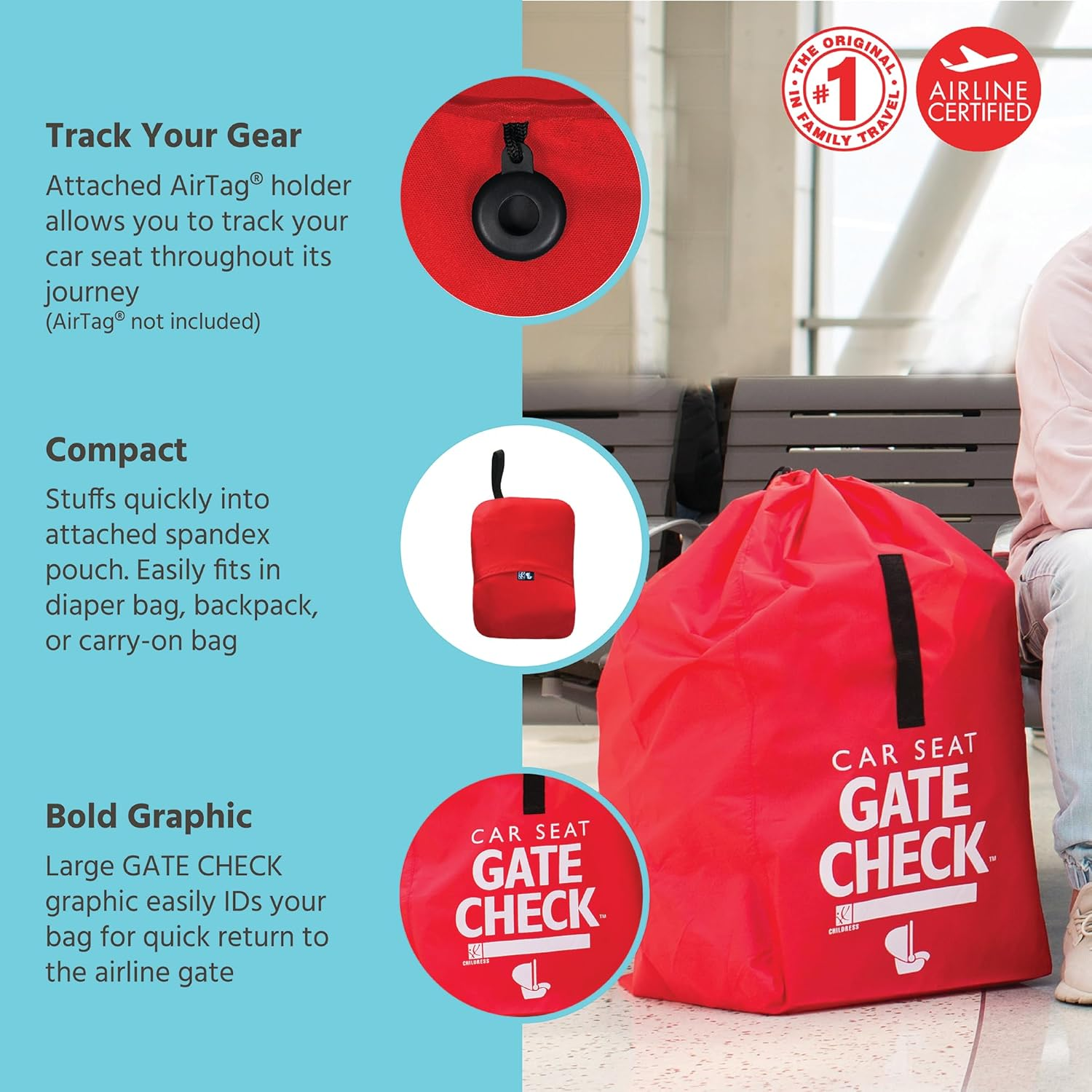 J.L. Childress Gate Check Bag for Car Seats, Red, One Size image number 5