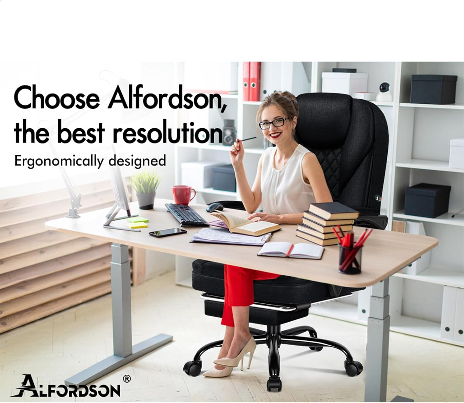 ALFORDSON Ergonomic Office Chair with 150&deg; Recline & 2-Point Massage, Computer Desk Chair with SGS Approved Gas-Lift, Executive Home Video Game Chair (Avery Fabric Black) image number 5