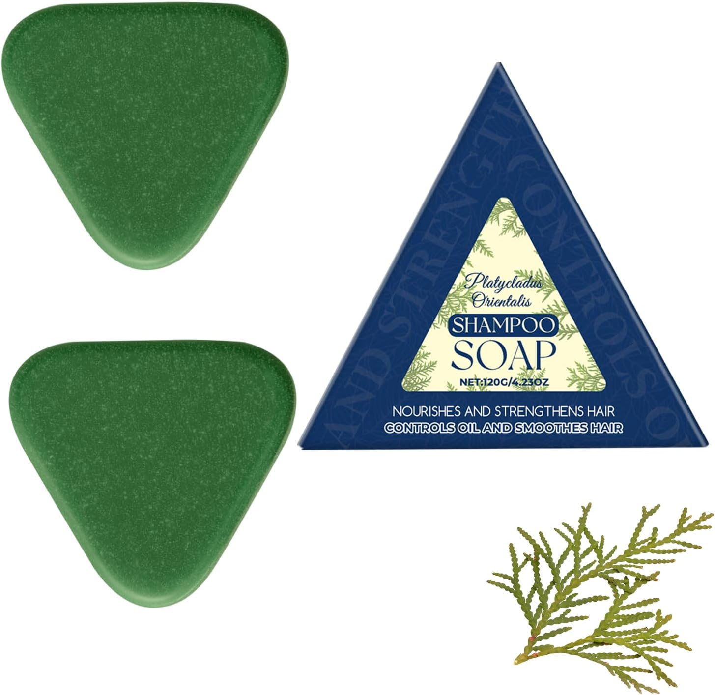 Nature Triangleted Shampoo Bar Hair Soap, Platycladus Orientalis Shampoo Soap, Gentle on Hair & Scalp for Women and Mens, Strengthens Smooths (1PCS)