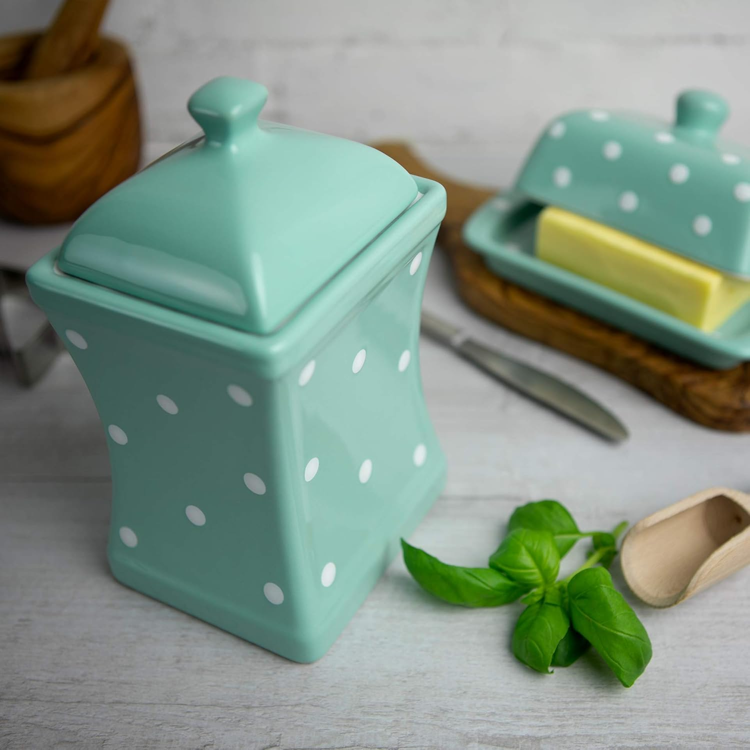 Handmade Teal Blue and White Polka Dot Large Ceramic 31.5Oz/900Ml Kitchen Storage Jar with Lid | Pottery Canister, Cookie Jar, Housewarming Gift by City to Cottage&reg;