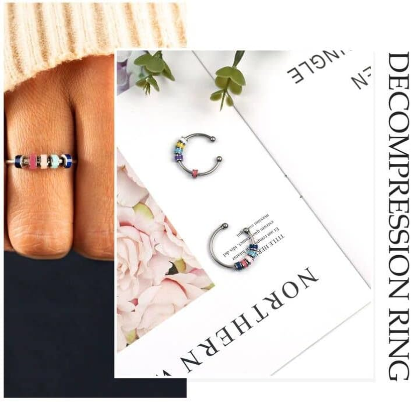 Spinning Enamel Fidget Ring, Anxiety Relief Ring Adjustable Fidget Ring Roll Anti-Anxiety Spinner Fidget Rotating Ring Stress Relief Rings Bead Spinner Ring for Women Daughter Granddaughter Kids image number 4