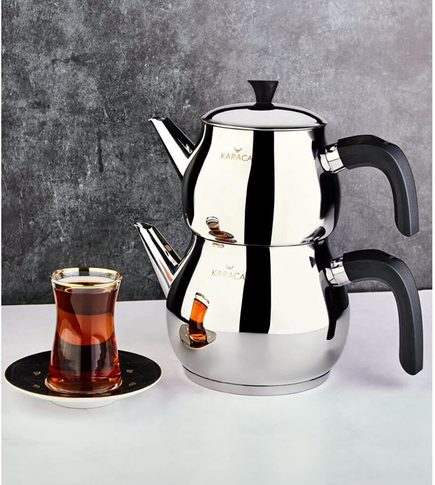 Karaca Kayra Black Turkish Teapot Set, Suitable for Induction, 1 Litre Teapot & 1.75 L Stainless Steel Teapot, Dishwasher Safe, Turkish Teapot, Tea Maker, Caydanlik, Demlik