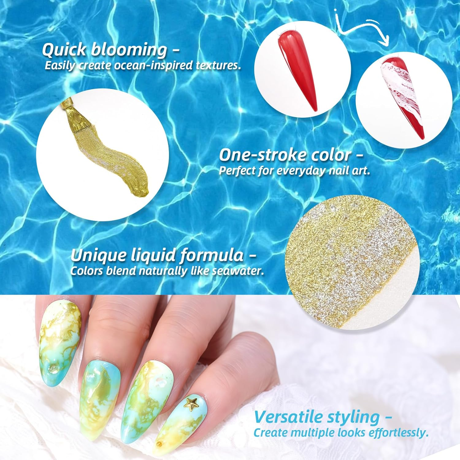 U-Shinein Blooming Gel Nail Polish, Marble Effect Nail Polish, White Watercolor Ink Wave Nail Gel with Magical Diffusion Effect for Creating Lace Pattern Nail Art Soak of UV/LED 12Ml image number 6