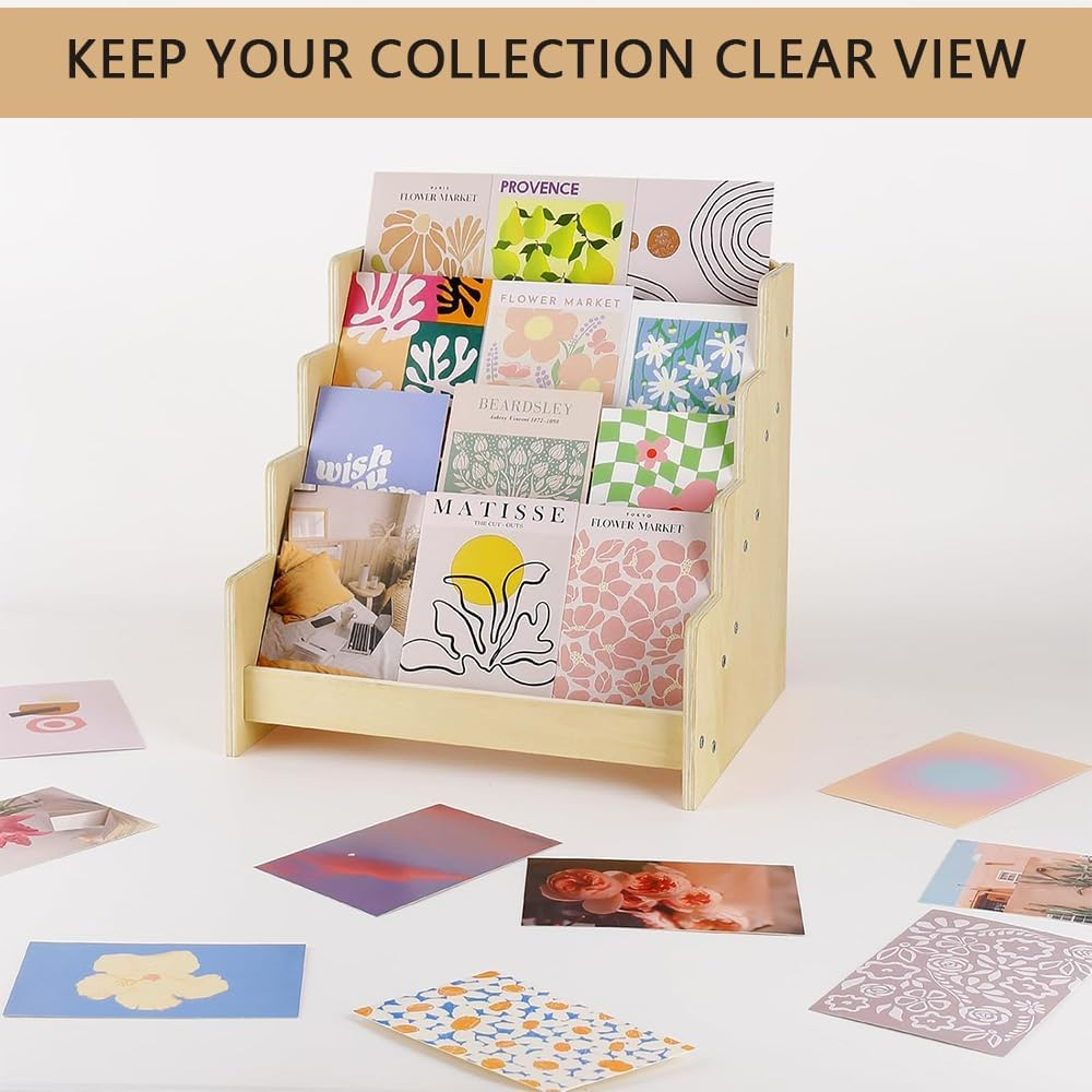 Greeting Card Organizer Display Rack &ndash; 4-Tier Wooden Stand for Stickers, Postcards, Brochures, and Photos &ndash; Ideal for Craft Fairs, Art Booths, and Retail Counters