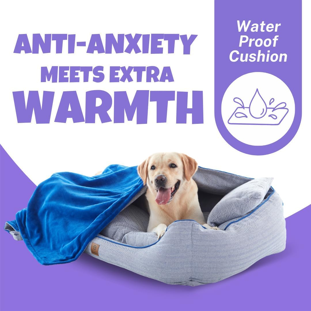 Charlie'S Hampton Herringbone Bolstered Walls & Low Front Wall 3-Piece Set with Bed, Pillow & Blanket 100% Recycled Polyester Filling Dog Bed Easy-To-Wash Removable Cover Blue - Small image number 5