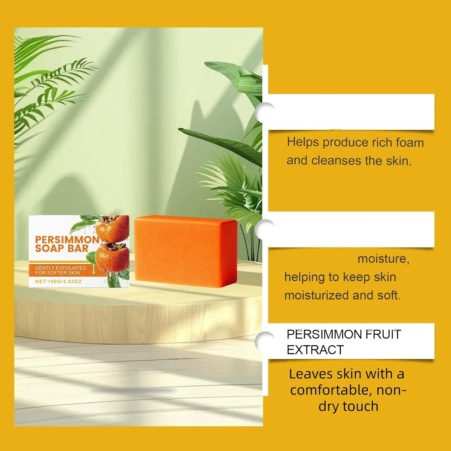 Persimmon Soap Bar, Body & Face Soap for Deep Cleansing,Gentle Exfoliating & Moisturizing, Long Lasting Fresh Scent, Post-Clean Comfort for Daily Use，Deodorizing for Old People Smell (1PCS) - 4Pcs image number 6