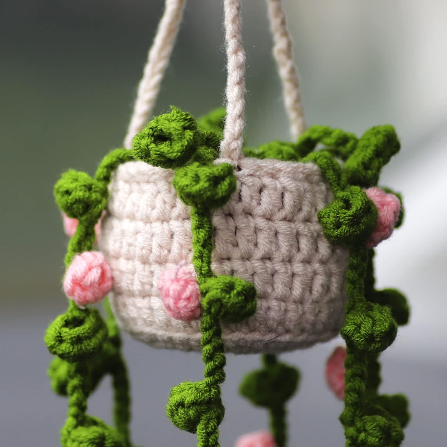 Cute Potted Plants Crochet Car Mirror Hanging Accessories for Women Men - Handmade Knitted Rear View Mirror Interior Aesthetic (Pink Flowers)