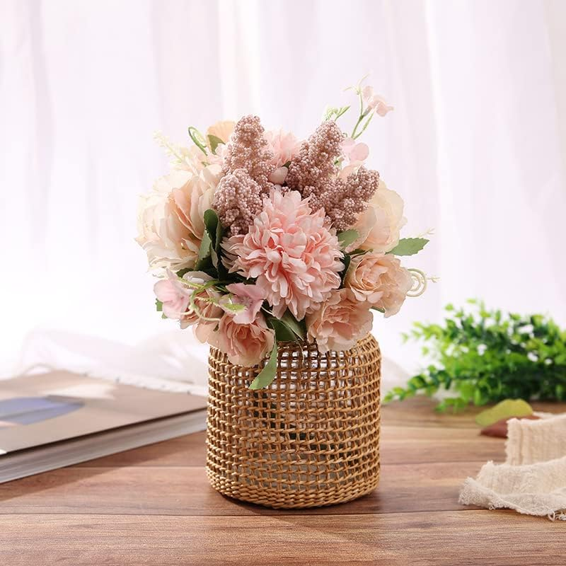 Decorative Glass Vase with Rattan Cover,Vintage Vase for Flower Wide Vase Floral Container for Dry Faux Flower Arrangements Home Decor (Wide-10.5Cm*11.5Cm*8.2Cm) image number 5