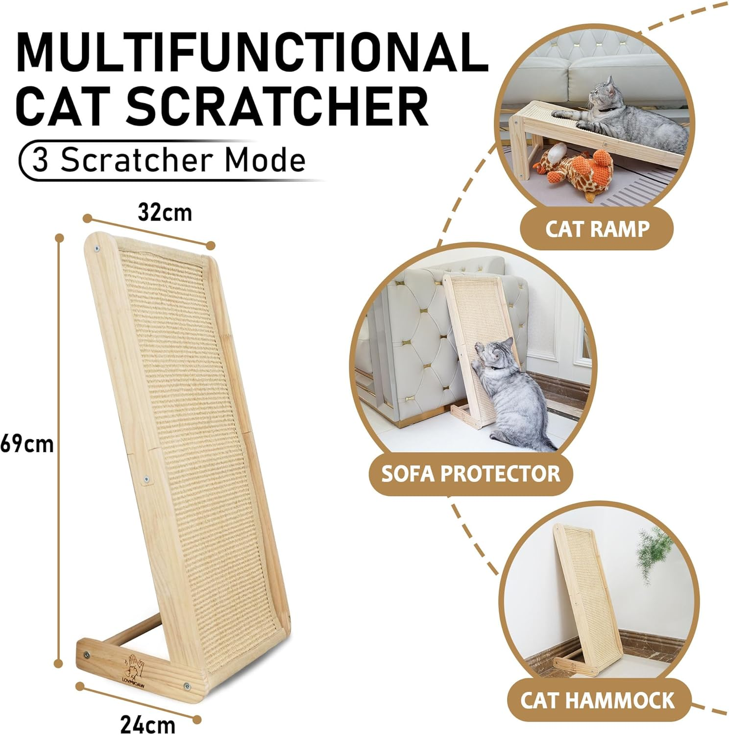 Cat Scratcher - for Valentine'S Day L-Shaped Cat Scratching Post for Indoor Cats, 3-Way Durable Sisal Scratching Pad, Natural Wood Furniture Protector for Sofa & Lounge image number 3