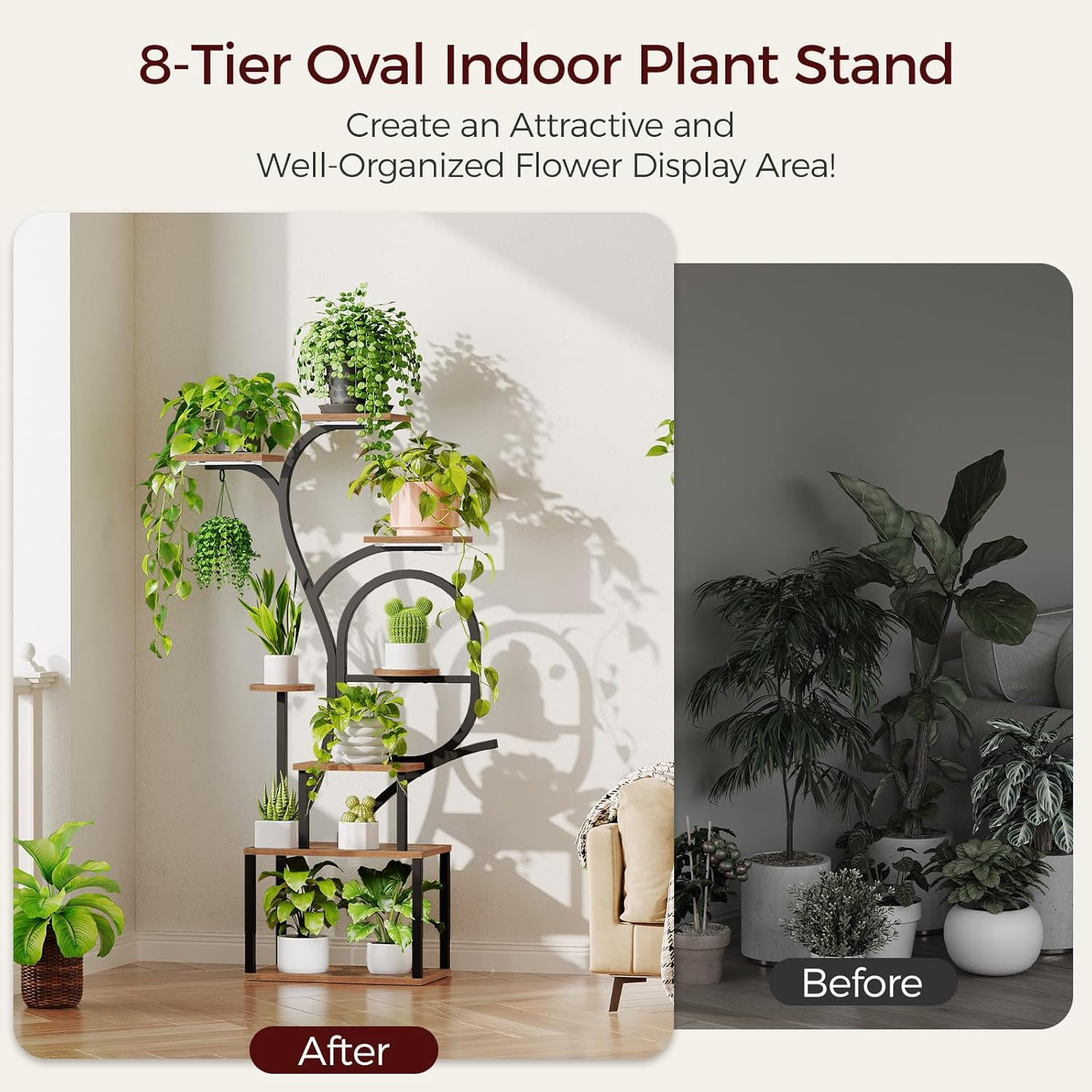 MAHANCRIS Plant Stand Indoor with Grow Lights - 60" Tall Plant Shelf, Indoor Plant Lighting Stands, 8 Tiered Flower Holder, S-Shaped Decorative Rack for Living Room, Rustic Brown and Black PSHR170AE01 image number 1