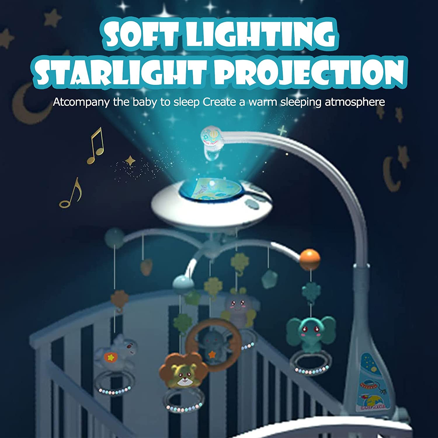 Baby Musical Crib Mobile,Crib Mobile Arm Holder with Night Lights and Relaxing Music Hanging Rotating Animals Rattles Toys Stars Projection Remote Control for Boy Girl Newborn