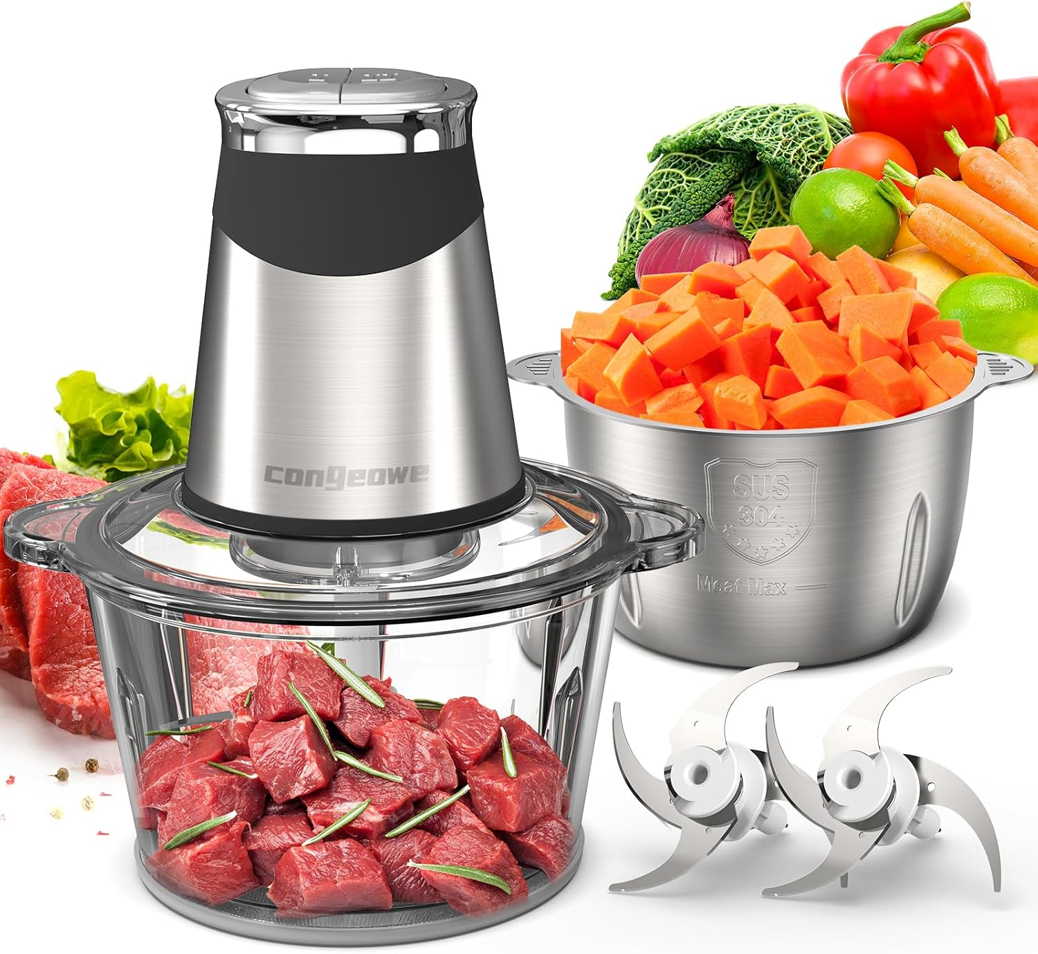 500W Electric Food Chopper & Processor, Dual 1.8L Bowls, Mini Chopper & Meat Grinder for Garlic, Onions, Nuts, Baby Food, Dishwasher Safe image number 4