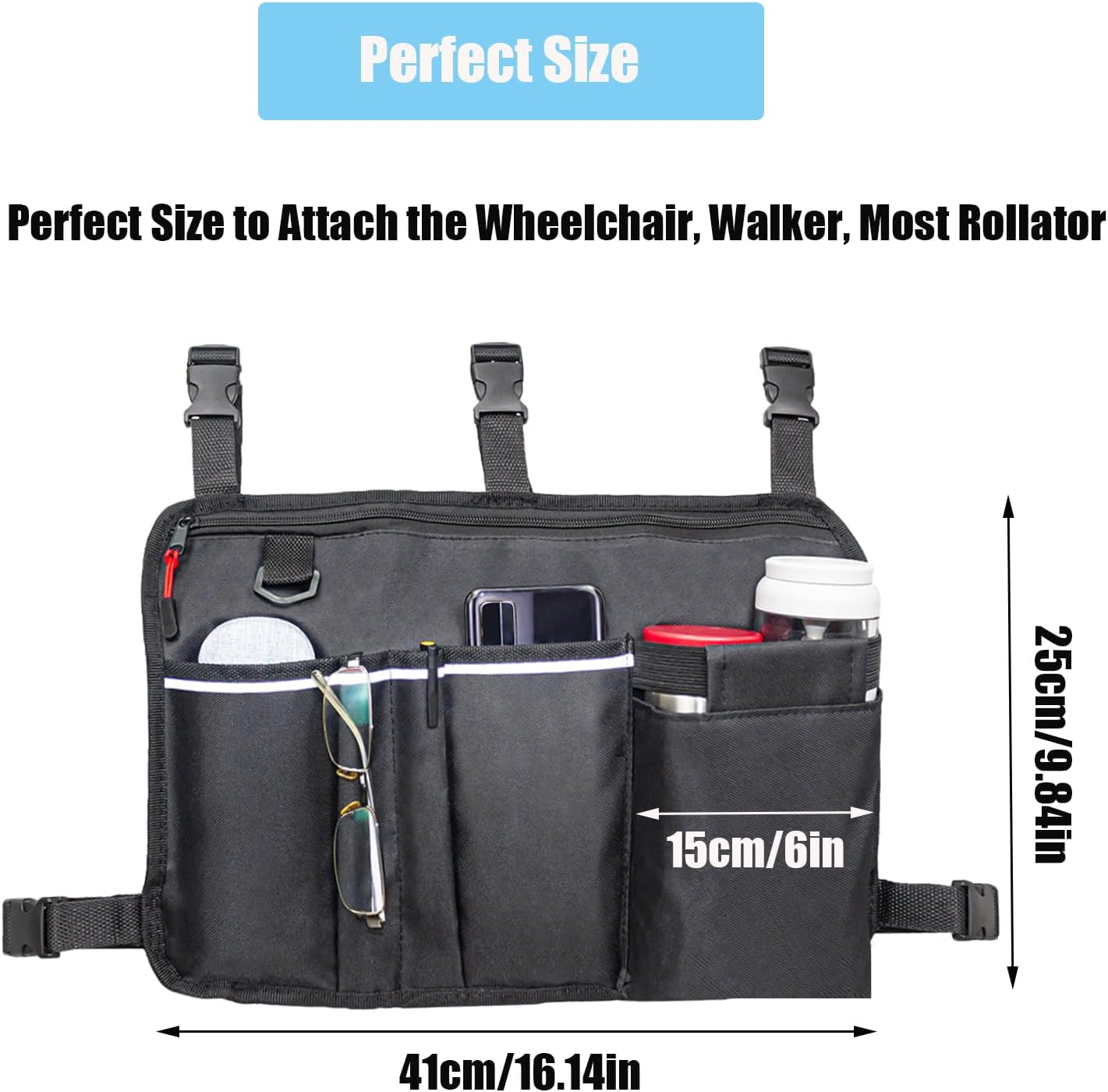 Walker Bag Walker Basket for Folding Walker with Cup Holder, Rollator Organizer Storage Pouch Universal Folding Walker Accessories Walker Bags for Seniors Bag for Walker (Large Black)