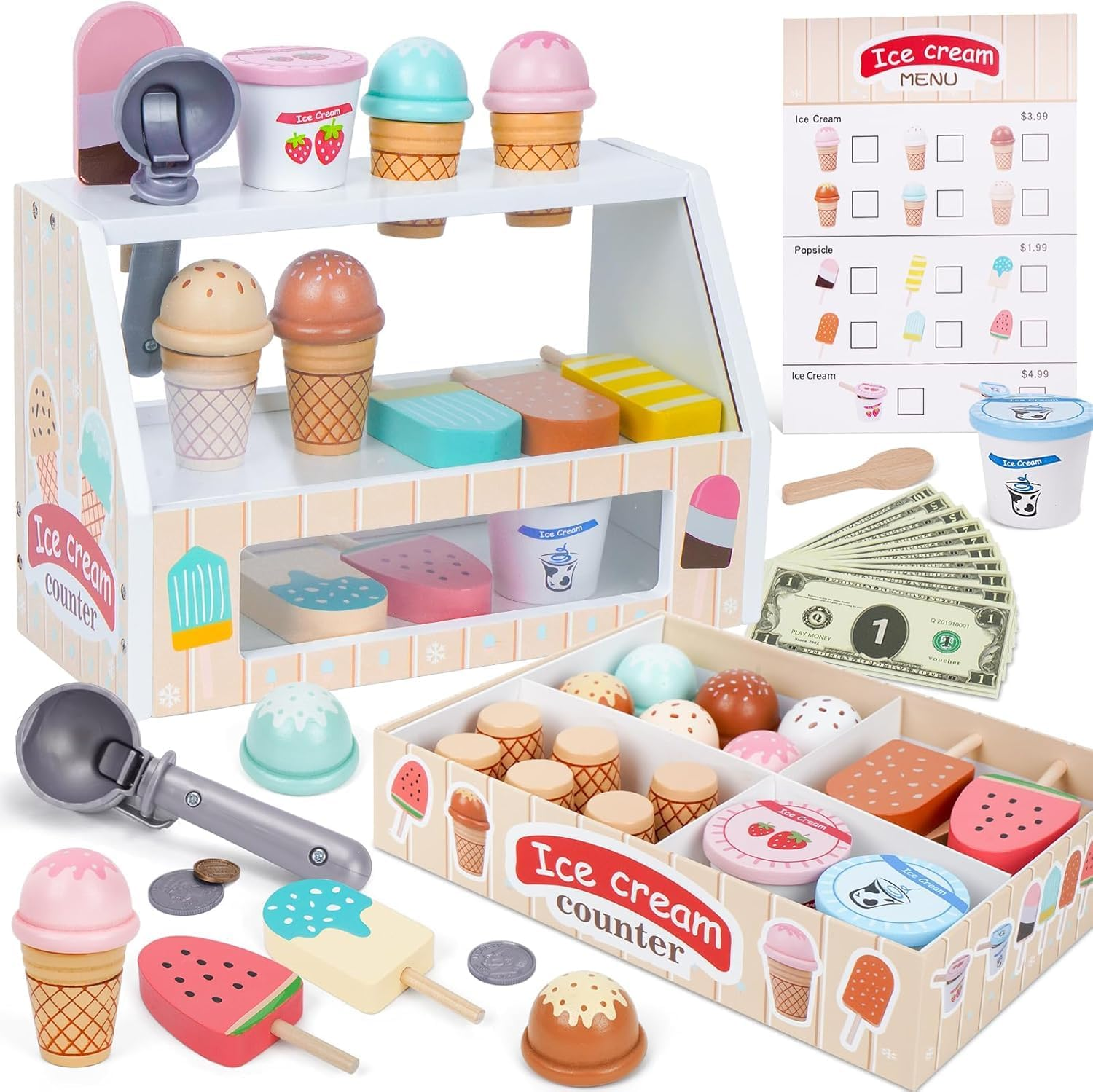 Uandhome Ice Cream Toy,Wooden Ice Cream Toys for Kids Toddlers, Pretend Play Kitchen Food Toys, Ice Cream Counter Shop Playset for Kids, Kids Ice Cream Cart, Toys for 3 4 5 6 7 8 Year Old Girls Boys image number 6