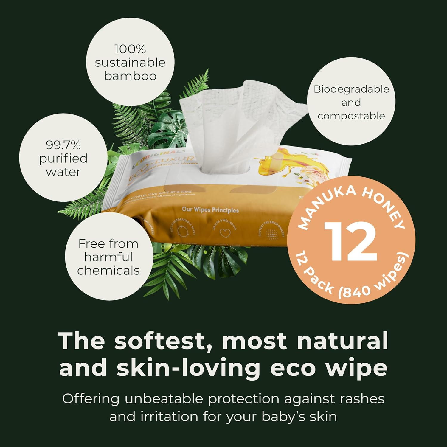 Ecoriginals - 12 Pack of Wet Wipes - Biodegradable Baby Wipes with New Zealand Manuka Honey, Amino Acid & Aloe Vera Extract - Sensitive Baby Wipes - Baby Essentials for Babies, 12 Pack (840 Wipes) image number 3