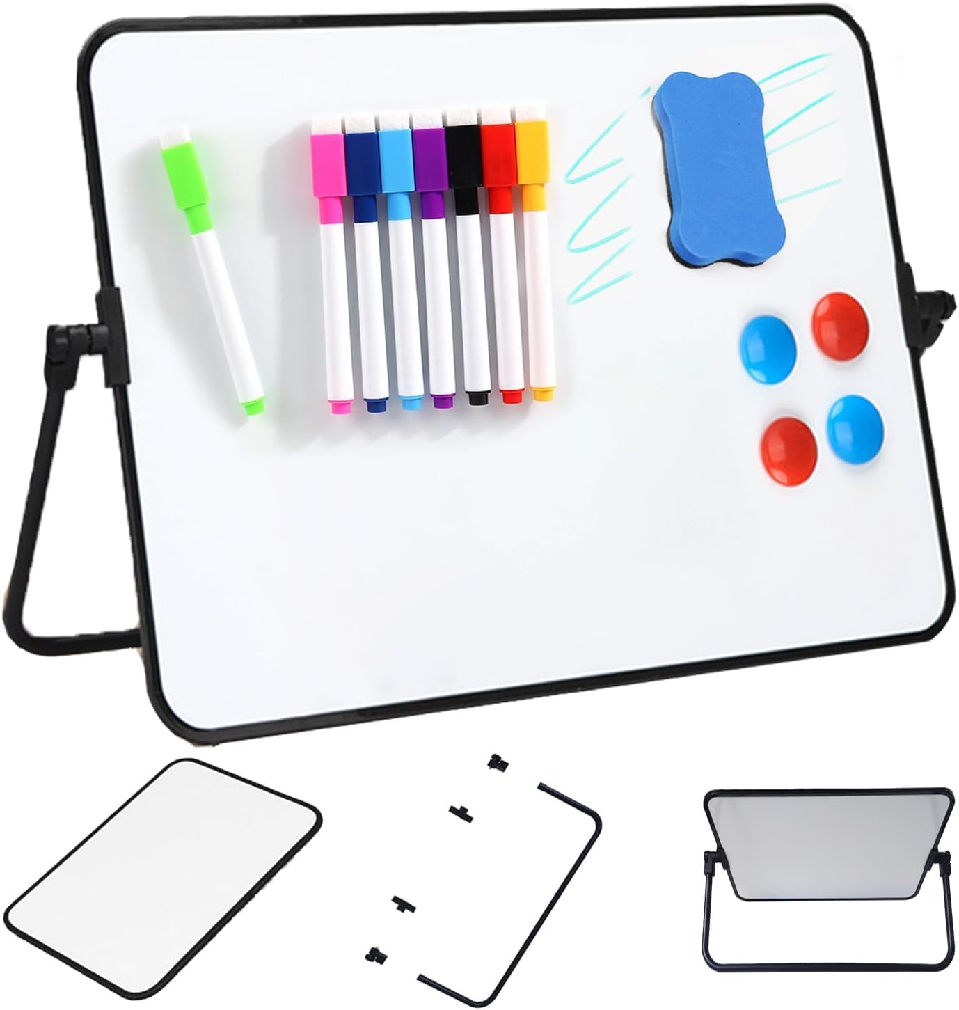 Magnetic Dry Erase Whiteboard with Stand, 42 X 30 Cm Double-Sided Desktop Small White Board Set, with 8 Markers, 4 Magnets and 1 Eraser, Portable Mini Whiteboard for Drawing, Office, Home, School