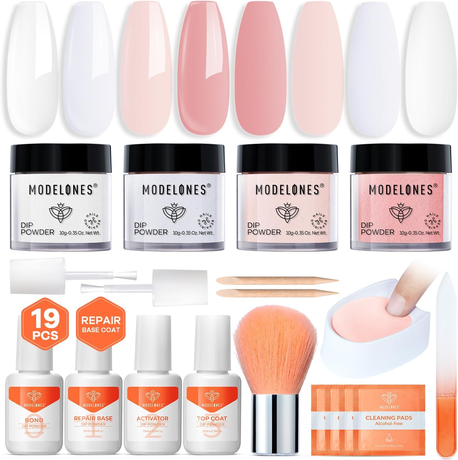 Modelones Dip Powder Nail Kit Starter, 4 Colors Nude White Pink Dipping Powder Repair Liquid Set with Recycling Tray for French Nail Art Salon DIY at Home Manicure